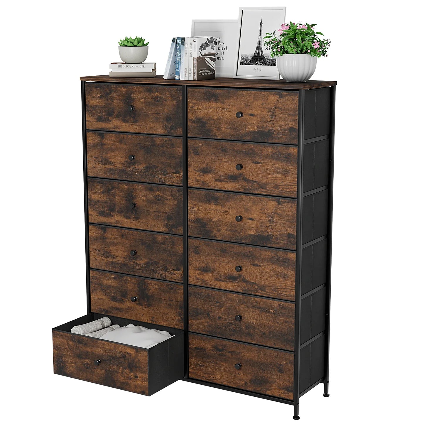 No-EN-Name-Null HOMFA Antique Large Brown Rectangle Shaped Wood Top-12 Drawers Iron Metal Rods Frame Cross-Back Design Free-Standing Tall Fabric Bin Dressers