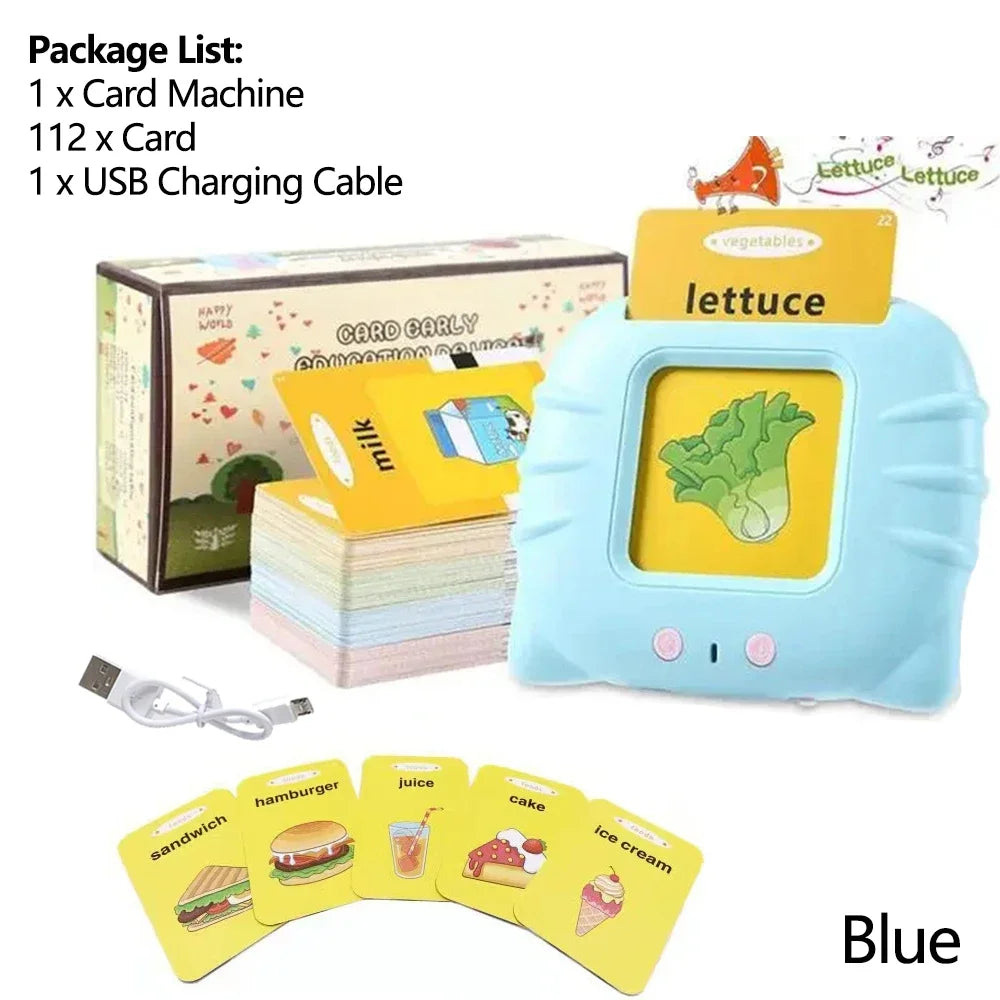CHRIYUNGEL Kids Early Education English Talking Curved Edges Safe Non-Toxic Pink-Blue Plastic Square Built-In Battery Musical Electronic 112 Flashcards Audio Books Educational Flash Cards / USB Charging Cord/Ages: 3-8 Years Old
