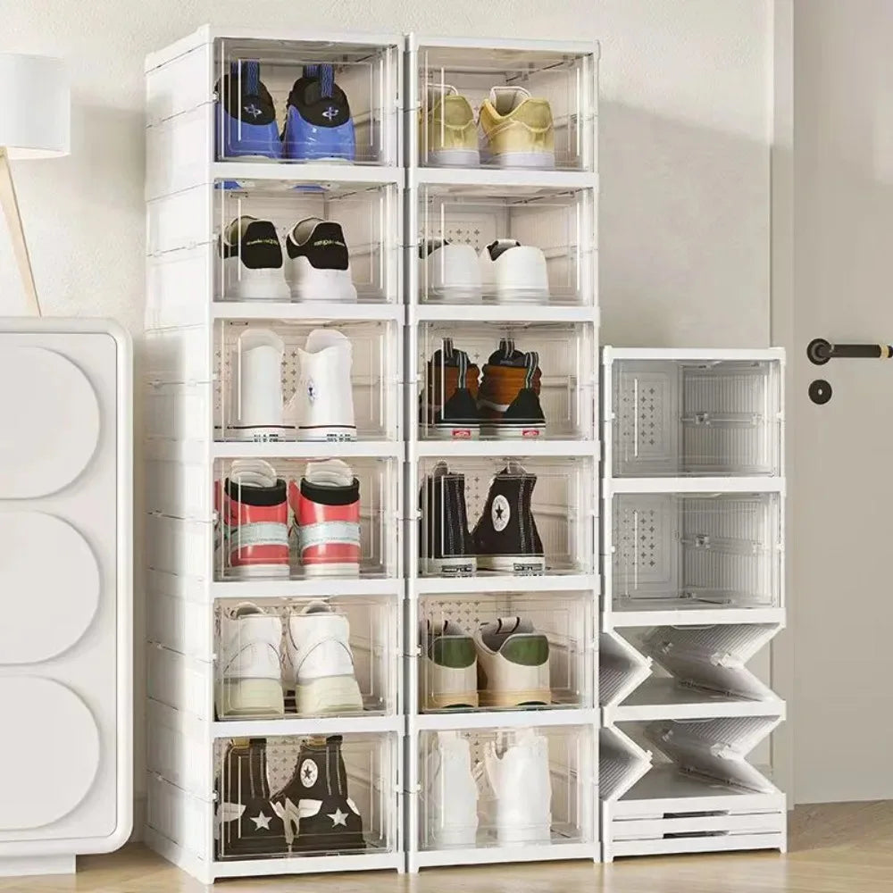 No-EN-Name-Null Modern 1-6 Tiers White Plastic Free-Standing Foldable Stackable Adjustable Transparent Clear Doors Integrated Shoe Racks/Storage Options