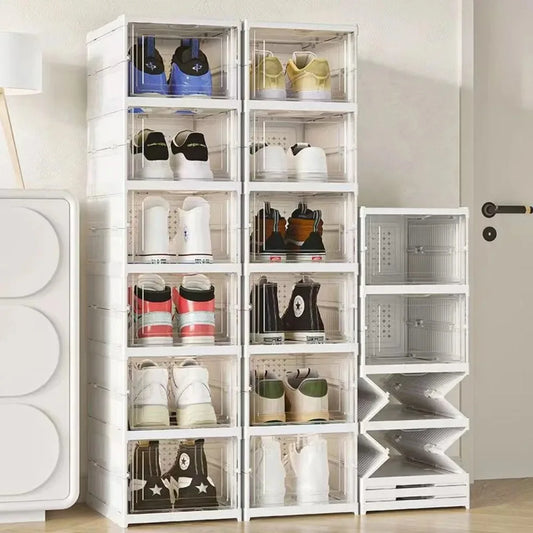 No-EN-Name-Null Modern 1-6 Tiers White Plastic Free-Standing Foldable Stackable Adjustable Transparent Clear Doors Integrated Shoe Racks/Storage Options