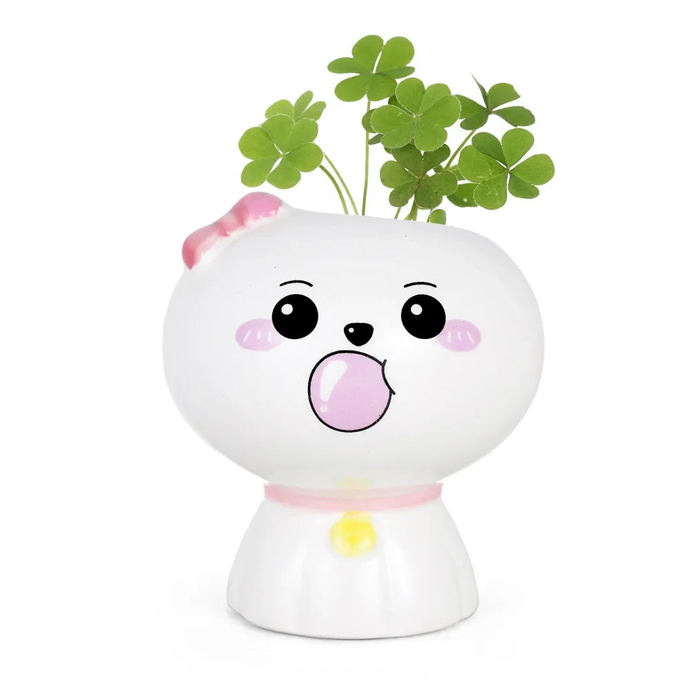 No-EN-Name-Null Indoor Mini Unglazed Ceramic White Cute Cartoon Doll Face Design Desktop Succulent Flower Pots Planters /Colors-White/Black/Yellow/Pink/Green