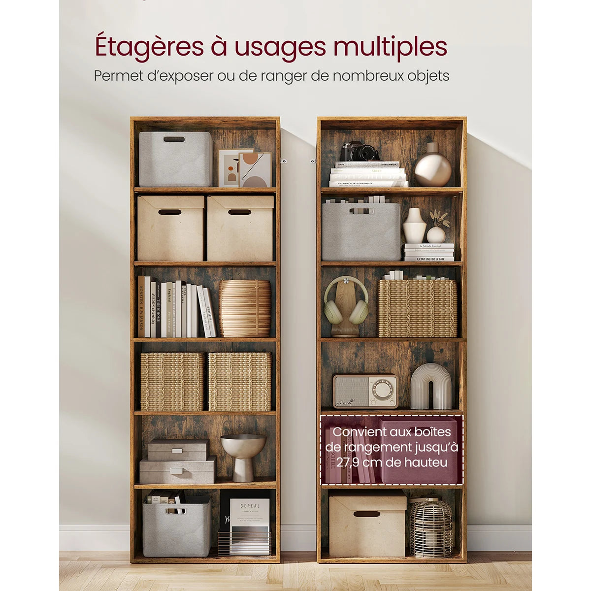 VASAGLE Rustic Brown Six Shelves Wood Particle Board Wall-Mounting Ant-Tilt Protection Metal Brackets Rack Bookcases/ Size: 24 x 60 x 178.5 cm/Mounting Kit Included