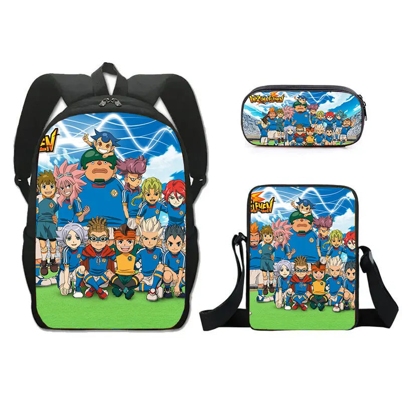 FANTASY VALLEY Women 3 PCS Softback Anime Inazuma Eleven Zippers Waterproof Multicolor Oxford Nylon School Backpacks Sets/ Colors-Black/Blue/Multicolor