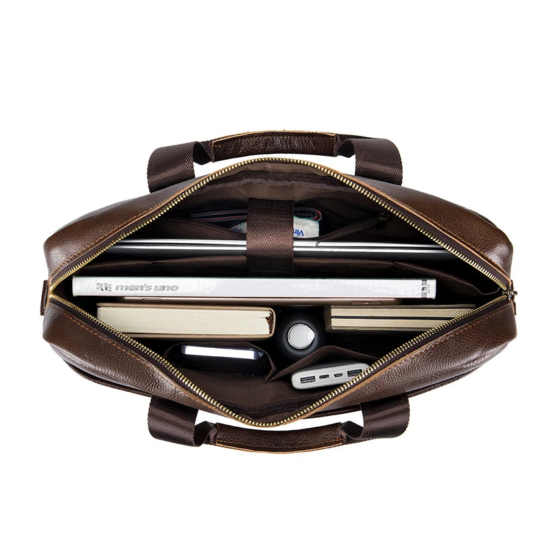 SCHLATUM Men Brown-Black Cowhide Leather Rectangle Shaped Two Handles-One Shoulder Strap Silver Metal Zipper Polyester Lining 15.6 Inch Single Laptop Compartment Briefcases /Colors-Black/Brown
