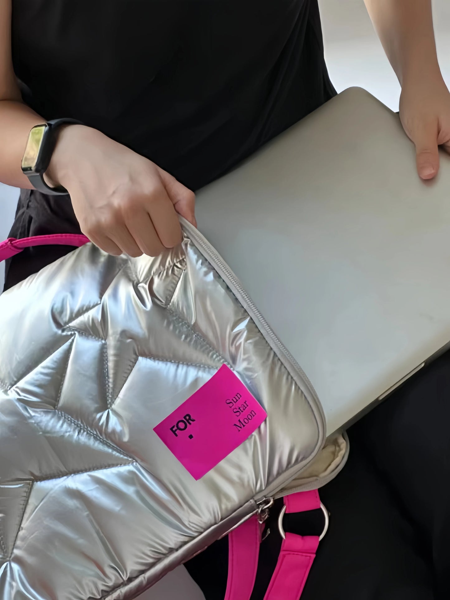 No-EN-Name-Null Modern Kids Waterproof Silver Rectangle Wish-More Single 14 Inch Laptop Compartment Zippered Polyester Lining  Cool Star Space Theme Design Crossbody Soft Adjustable Shoulder Pink Straps-Handles Laptop Backpacks