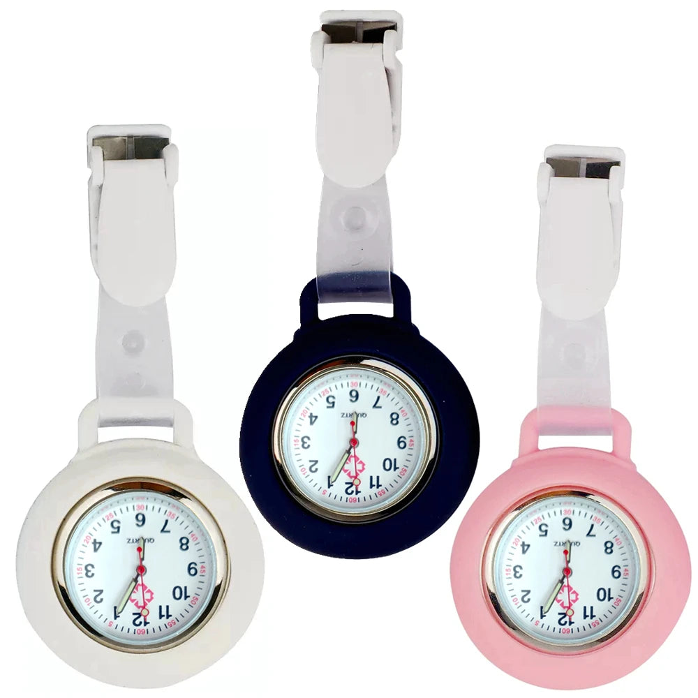 No-EN-Name-Null Adults Waterproof Quartz Analog Display Nurse-Doctors Glass Face Round Metal Alloy Case Red Silicone-Rubber Covered-Straps Arabic Numeral Clip-On Fob Pocket Watches /Colors-Pink/Red/White/Black/Purple/Light Blue/Blue