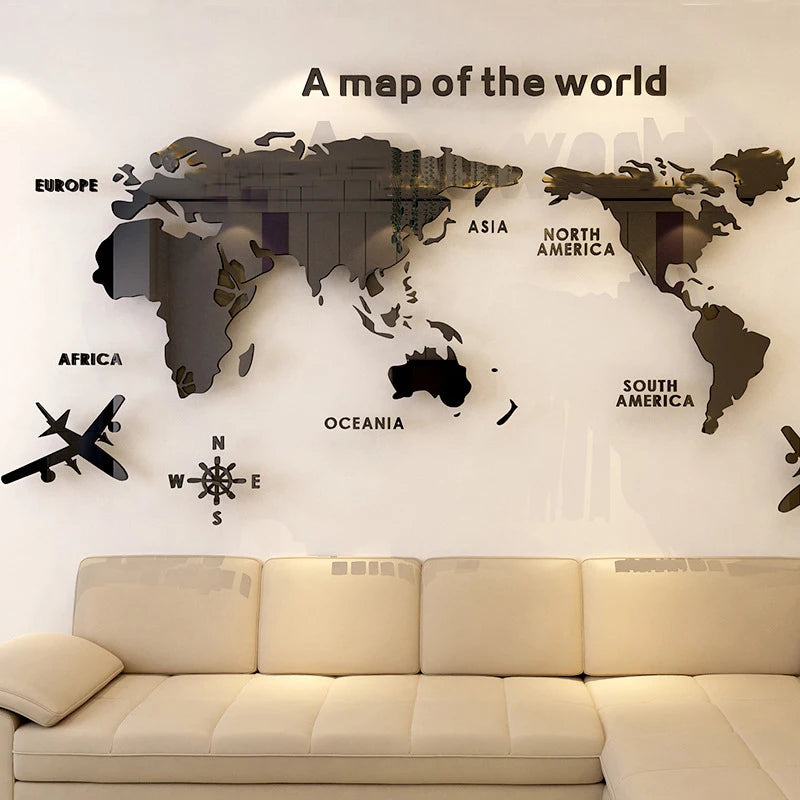 PDQ Modern Black 3D Acrylic World Map-Travel Wall Decals/Sizes; S-XXL/Colors-Gold/Black/Gold/Red