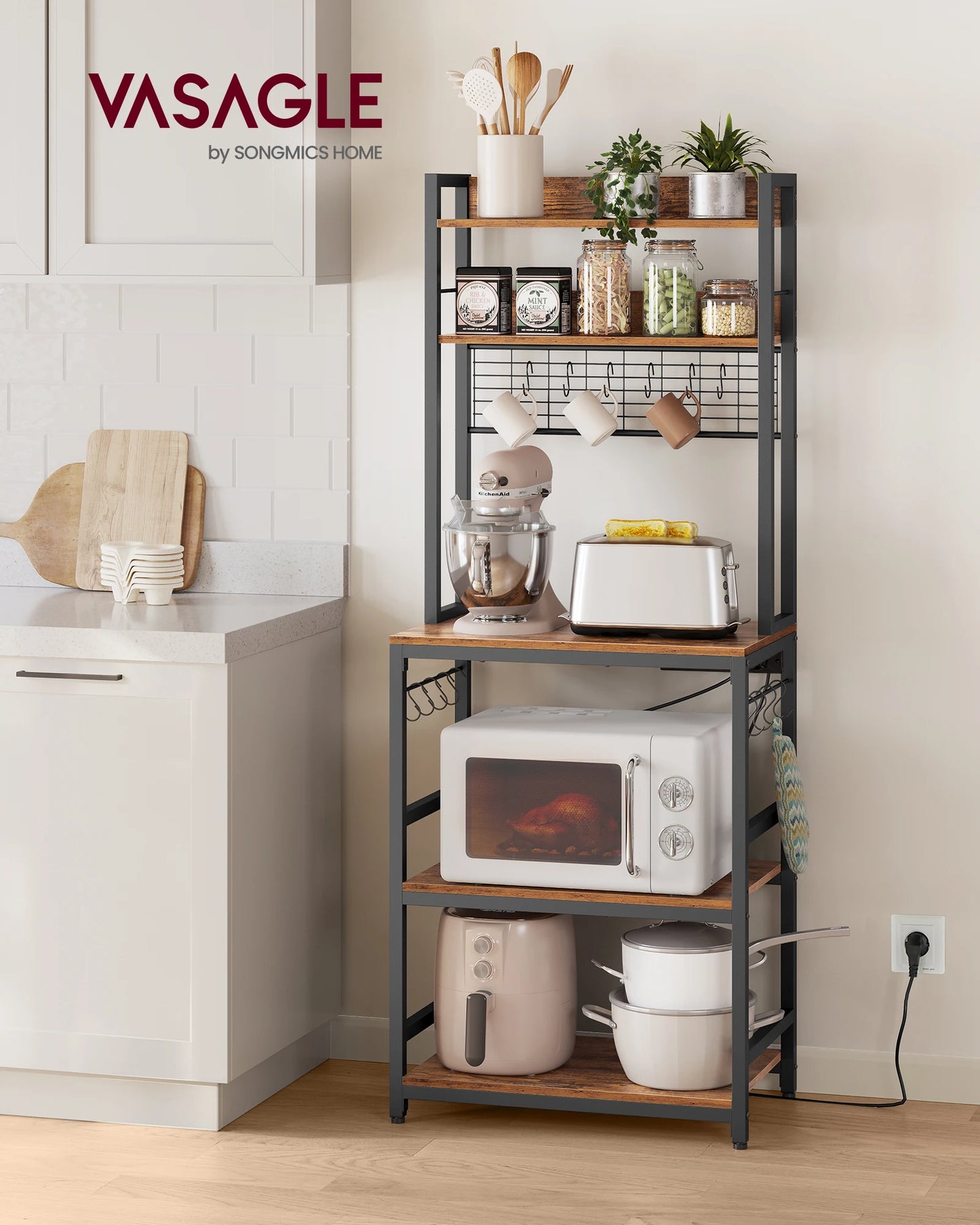 VASAGLE Kitchen-Dining Room Free-Standing Steel Metal Framed Pressed MDF Wood Storage Shelves Microwave Cabinets /Mesh Panel/ 14 Hooks /Colors-Brown/White/Black