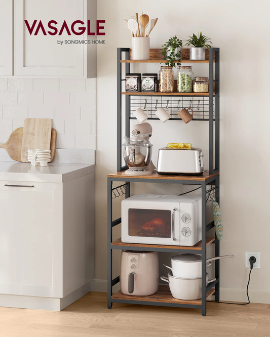 VASAGLE Kitchen-Dining Room Free-Standing Steel Metal Framed Pressed MDF Wood Storage Shelves Microwave Cabinets /Mesh Panel/ 14 Hooks /Colors-Brown/White/Black