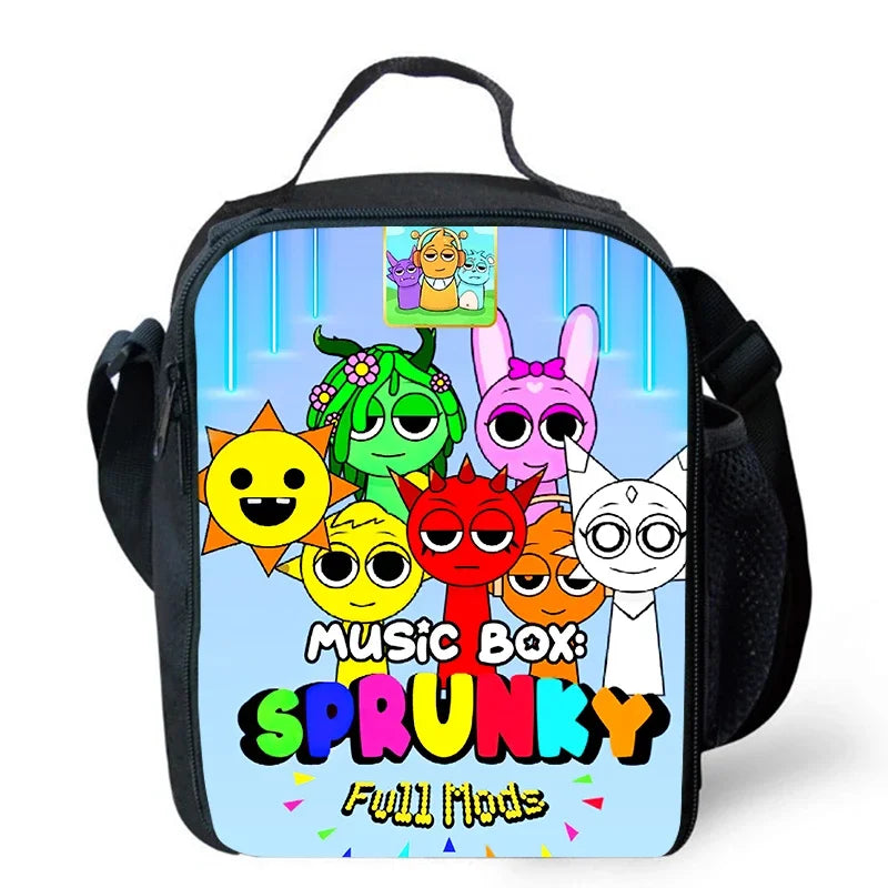 MINISO Kids Waterproof Nylon Fabric 3D Digital Print Cartoon Anime Music Box Sprunky Kids Full Mode Curved Back School Backpacks/Lunch Bag-Pencil Bag/Exterior Pockets/Laptop Compartment/Colors-White/Black/Blue/Multicolor