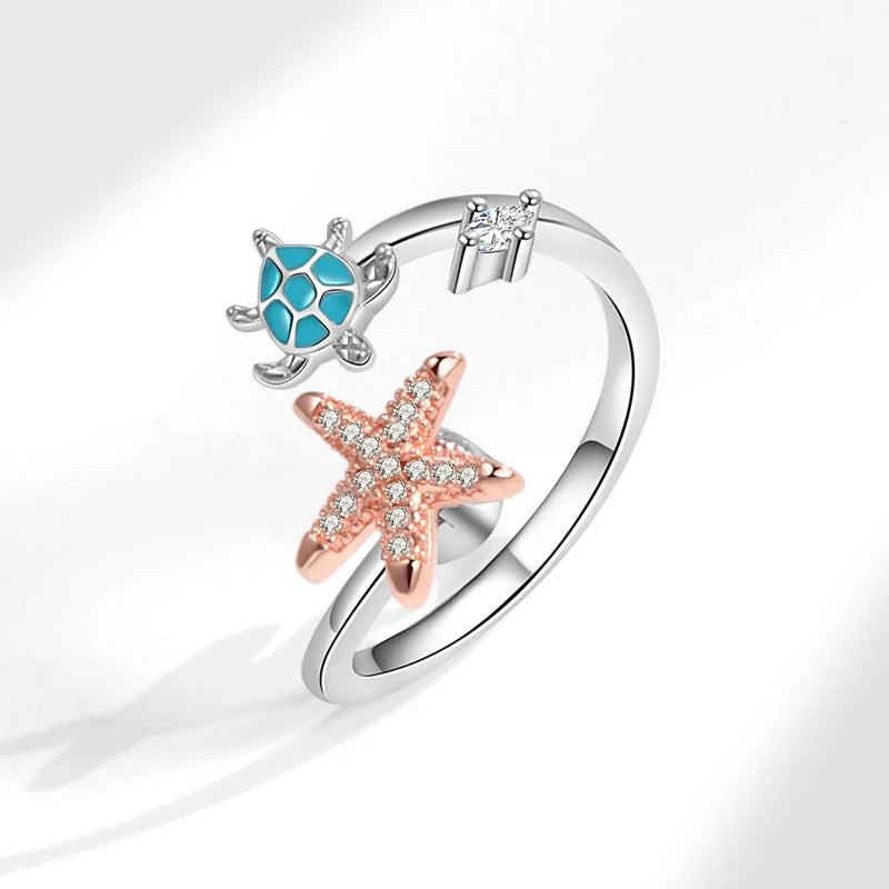 KOFSAC Women-Girls Sterling Silver Metal Austrian White Crystal Cubic Zirconia Tension Mount Twisting Cute Inlaid Pearl Starfish-Blue Stones Turtle Sea Creatures Design Rings