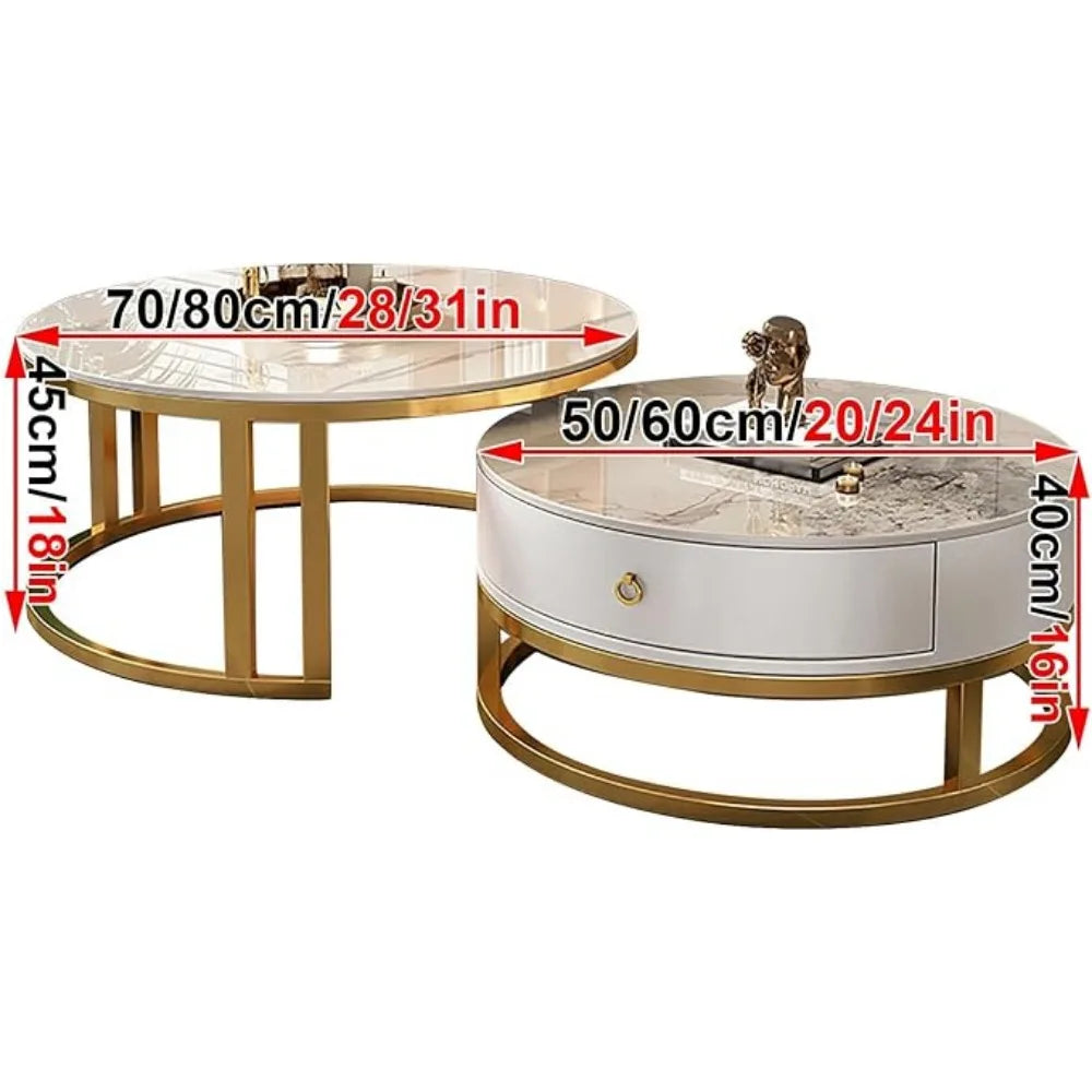 RUO WU Modern Two-In-One Brown Glass Top Metal Frame Base Nesting Coffee Tables/1 Drawer/ Size: 74"D x 74"W x 31"H/Colors-Clear/White/ Silver/ Multicolor