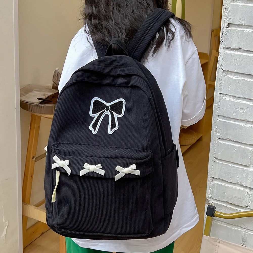 VKTECH Women Lightweight White Corduroy Charming Butterfly One Big-Three Small Black Bowknots Design Zippers Single Compartment Polyester Lining Shoulder Straps-Handle External Pockets School Backpacks/Colors-White/Black/Beige