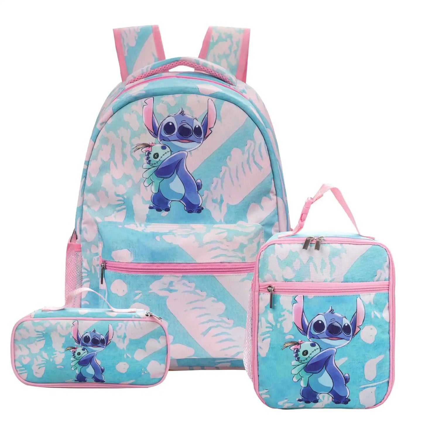 Disney Kids Large 3 PCS Cute Cartoon Stitch Movies-TV Theme Design Pink Polyester Fabric  Shoulder Straps-Handle Zipper Pockets School Backpacks Sets/Pencil Case/Small Accessory Bag/Colors-Multicolor/Pink/Blue