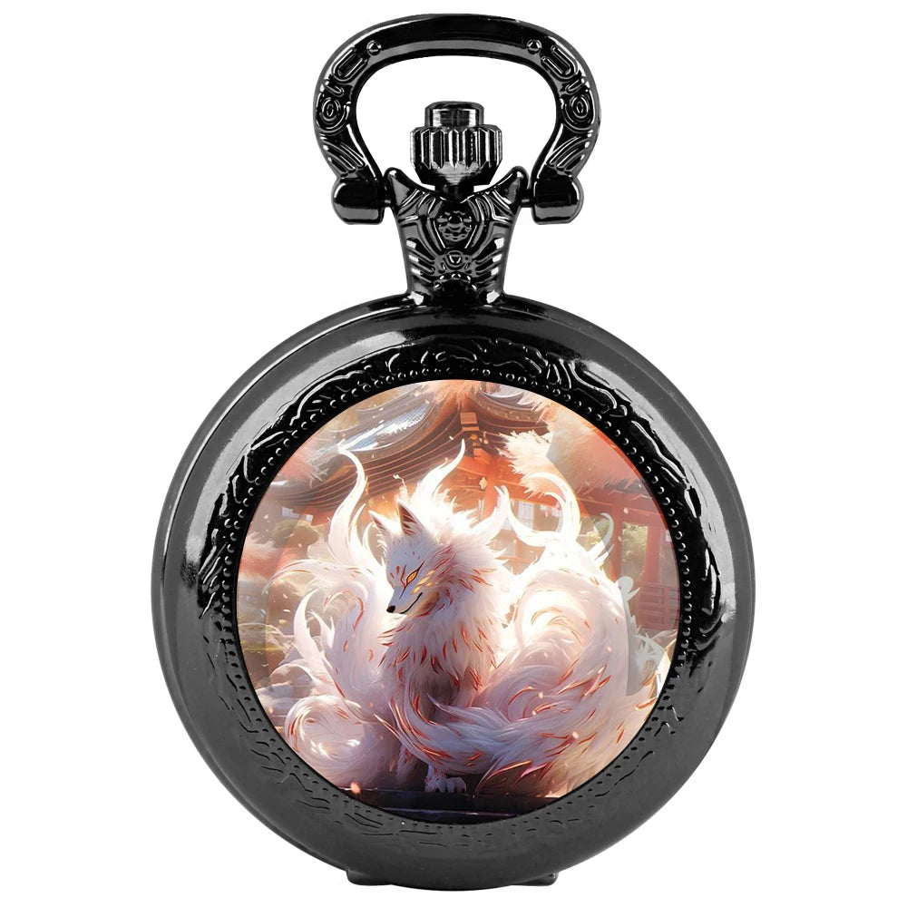 No-EN-Name-Null Adults Unisex Quartz Black Antique Round Shaped Creative Cartoon Nine-Tailed Fox Analog Display Arabic Numerals Black Necklace Chain-Pocket Watches/ Colors-Golden/Bronze/Silvery/Black