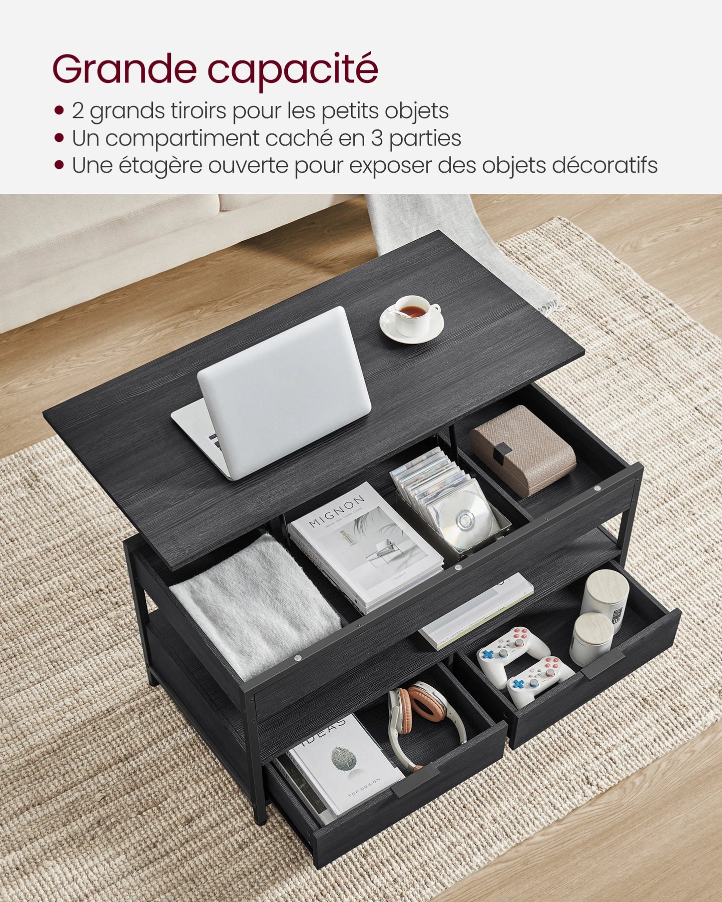 VASAGLE Lift Top Black Metal Frame Coffee Table/2 Storage Drawers/Hidden Compartments/Open Shelves/Colors-Black/Beige/Brown