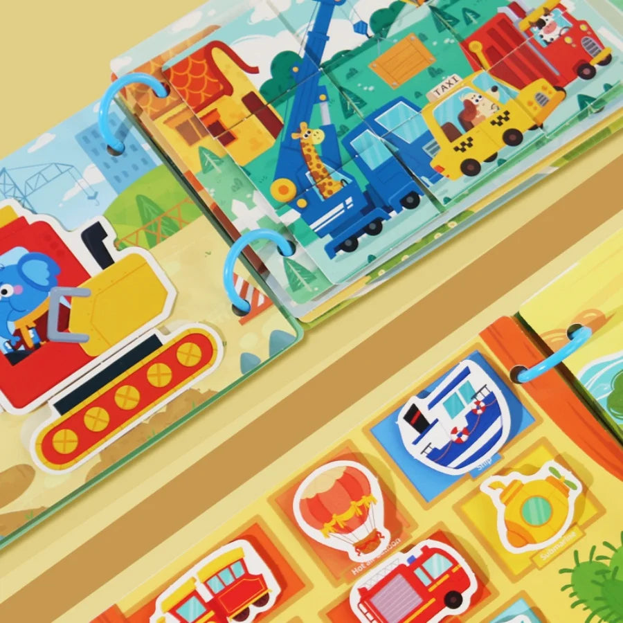 Parent-Child Interaction 3 Rings Early Education Cardboard Paper 6 Themes Quiet Busy Book Brain Development Puzzle Sticker Books/Ages: 3-12 Years Old/ Colors-Multicolor/Blue/Animals