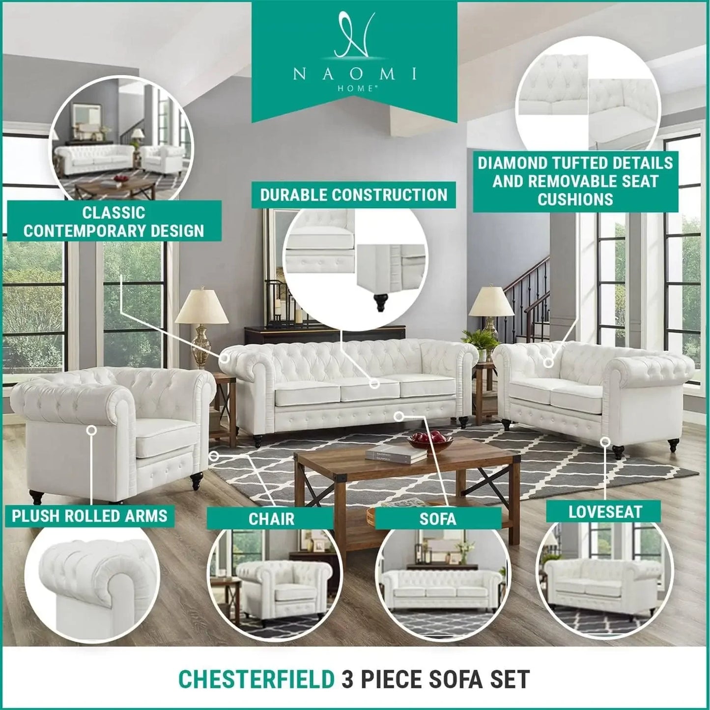 No-EN-Name-Null 3 PCS White Modern Medium Firm Upholstered Padded Chesterfield Lounge Solid Wood Framed Faux Leather Tufted Cotton Fabric Sofa Living Room Sets