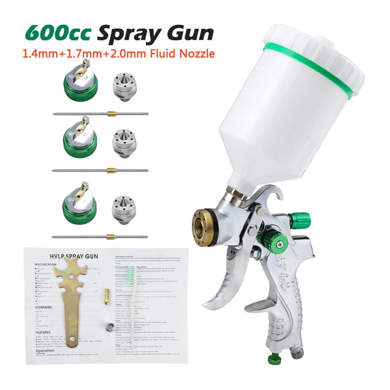 JUNEFOR Handheld Pneumatic Power Gravity Feed White PVC Plastic Cup-Green Trim High Volume Low Pressure Adjustable Silver Stainless Steel Needle-Nozzle Large Professional Paint Sprayers