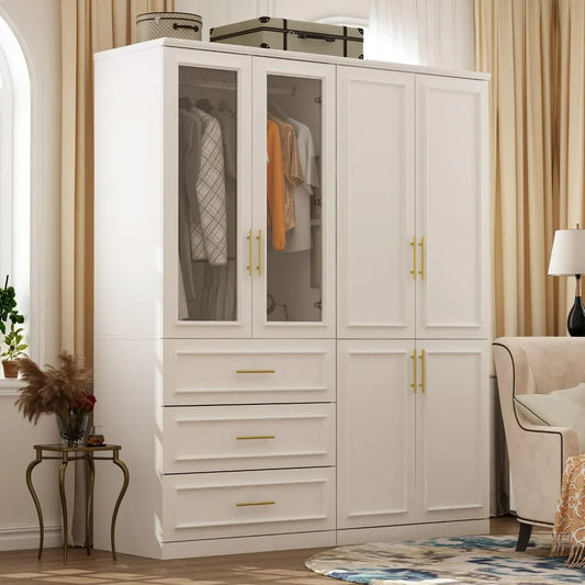 No-EN-Name-Null Modern White MDF Wood Two Glass Doors-Four Doors Three Drawers Shelved Armoires Wardrobes / 9 Metal Handles/3 Shelves/2 Silver Metal Clothes Rods/Dimensions:  L 19.3 x W 63.3 x H 74.9 Inch/Colors-White/Brown/Silver