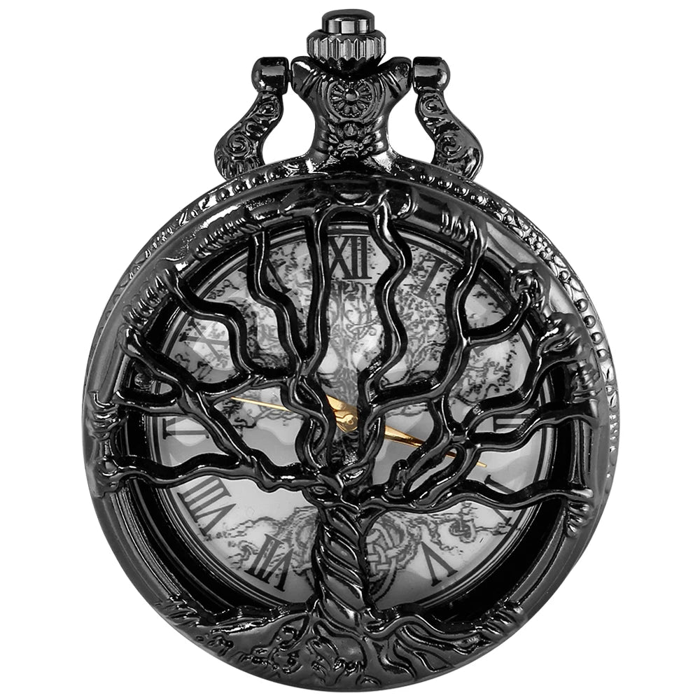 SHUHANG Unisex Adults Waterproof Vintage Antique Acrylic Face Black Round Shaped Quartz Movement Stainless Steel Metal Case Analog Display All Black Roman Numeral Hallow-Out Garden Of Eden Tree Of Life Sweater Necklace Chain-Pocket Watches