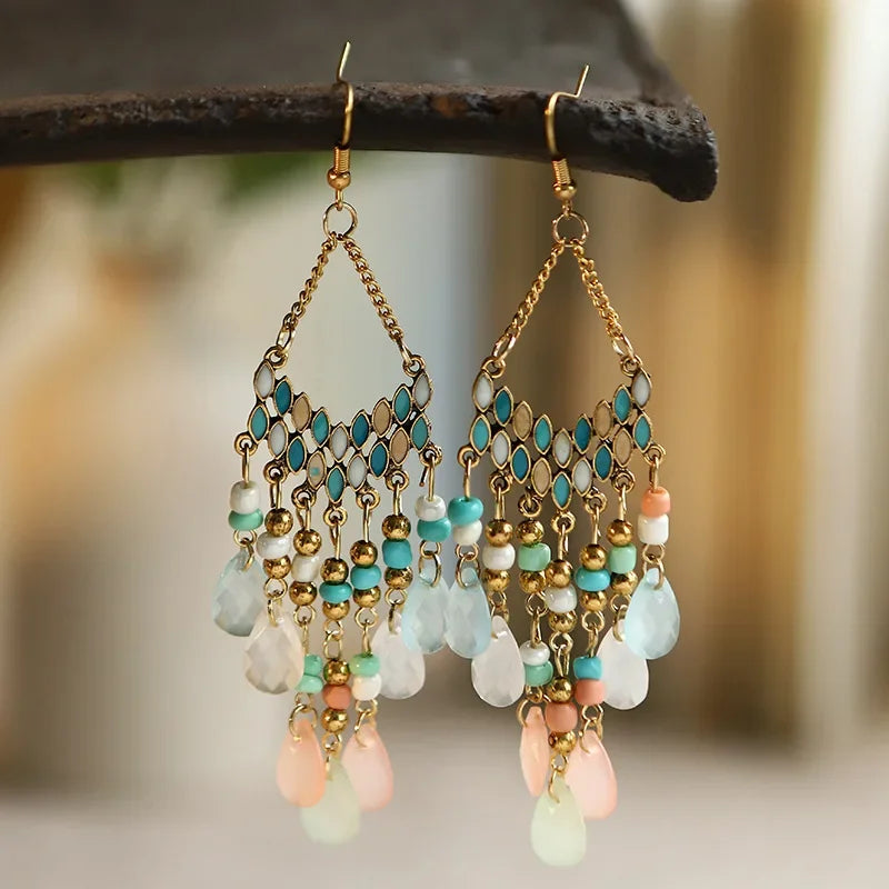 DAIPAN Adult Women Imitation Bohemian Multicolor Resin Beads Water Drop Tassel Gold-Plated Copper-Metal Alloy Earrings/Colors-Multicolor/Gold/Blue/Red/Black/Geometric