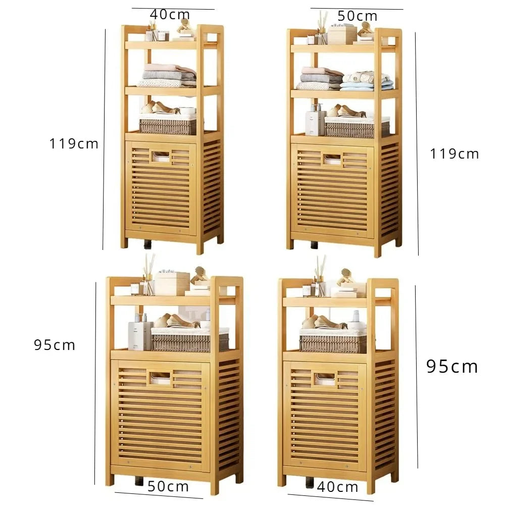 No-EN-Name-Null Modern Large Waterproof Lining 3-4 Tier Storage Shelves Brown-Beige Bamboo Solid Wood Boards Tilt Out Strip Laminates Laundry Hamper Baskets