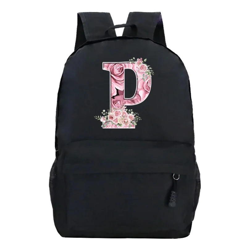 No-EN-Name-Null Waterproof Large Black Softback Nylon Fabric Printed Floral Pink Rose First Name Initial Letter Curved Back Zipper Canvas Lining Built-In Laptop Compartment Shoulder Straps-Handle Zippered External Pockets School Backpacks