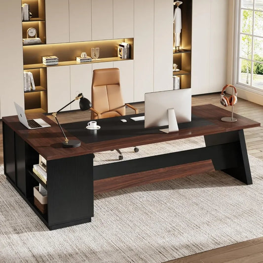 ANGDUO  L-Shaped Large Modern Executive Walnut-Black Office Desks w/2 Drawers/1 File Drawer/Product Dimensions: 55.1"D x 78.7"W x 29.5"H
