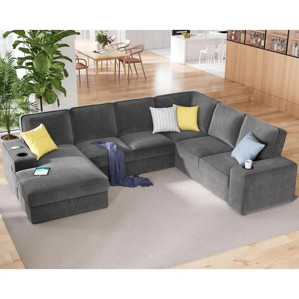 No-EN-Name-Null Modern Oversized U-Shaped 7 Seaters Soft Gray Corduroy Thick Fabric Cushions Chaise Lounge Hidden Storage Two Cup Holders Quick Charge USB Ports Sectional Sofas/Colors-Beige/Gray/Size: 112in x 88in x 33in/Weight Capacity : 2,100 lbs.