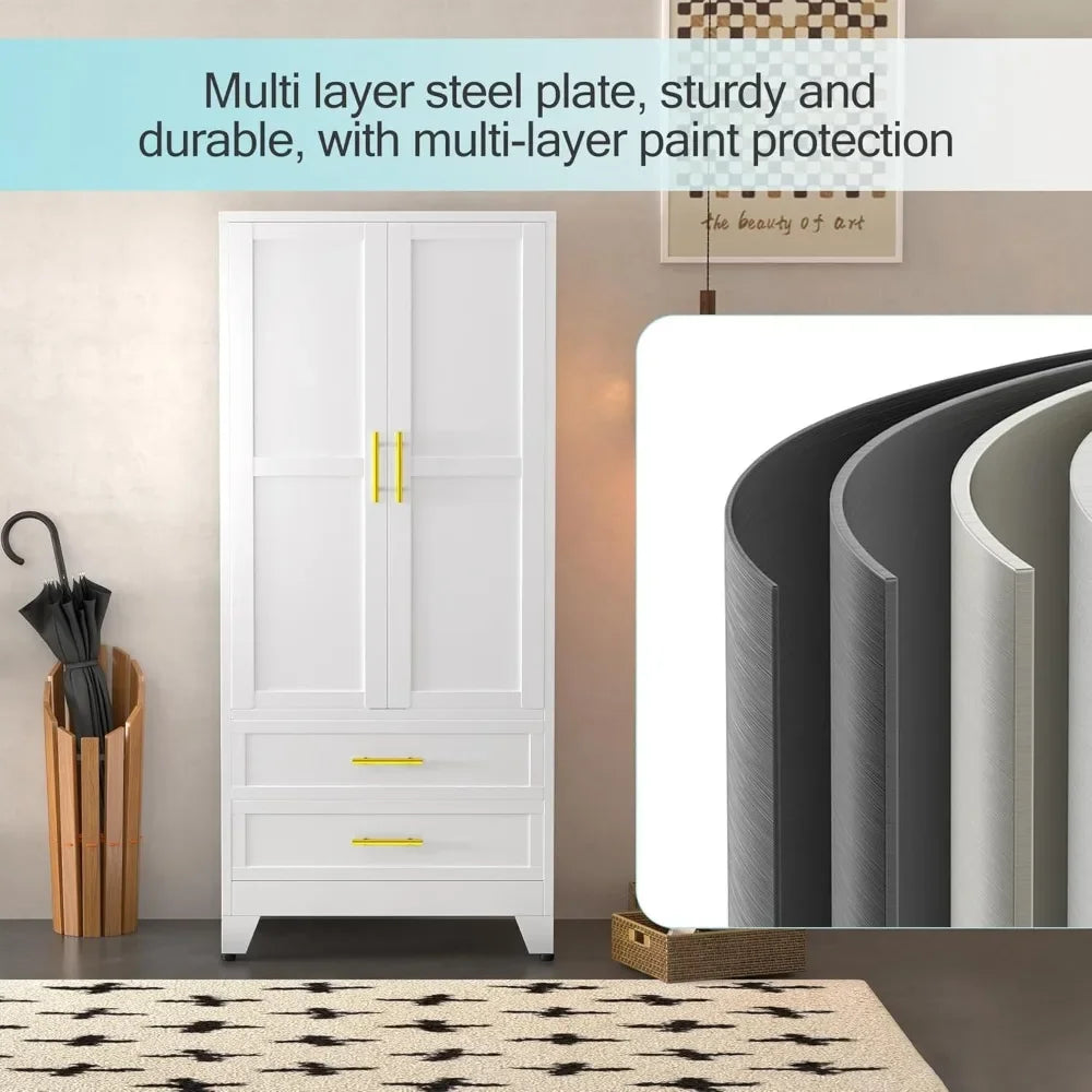 No-EN-Name-Null Modern Rectangle Large White-Black-Gray Two Door Storage Closet Adjustable Shelves One Hanging Steel Metal Rail Rod Two Sliding Drawers Armoire Wardrobes/ Size: 17.72"D x 31.5"W x 70.87"H