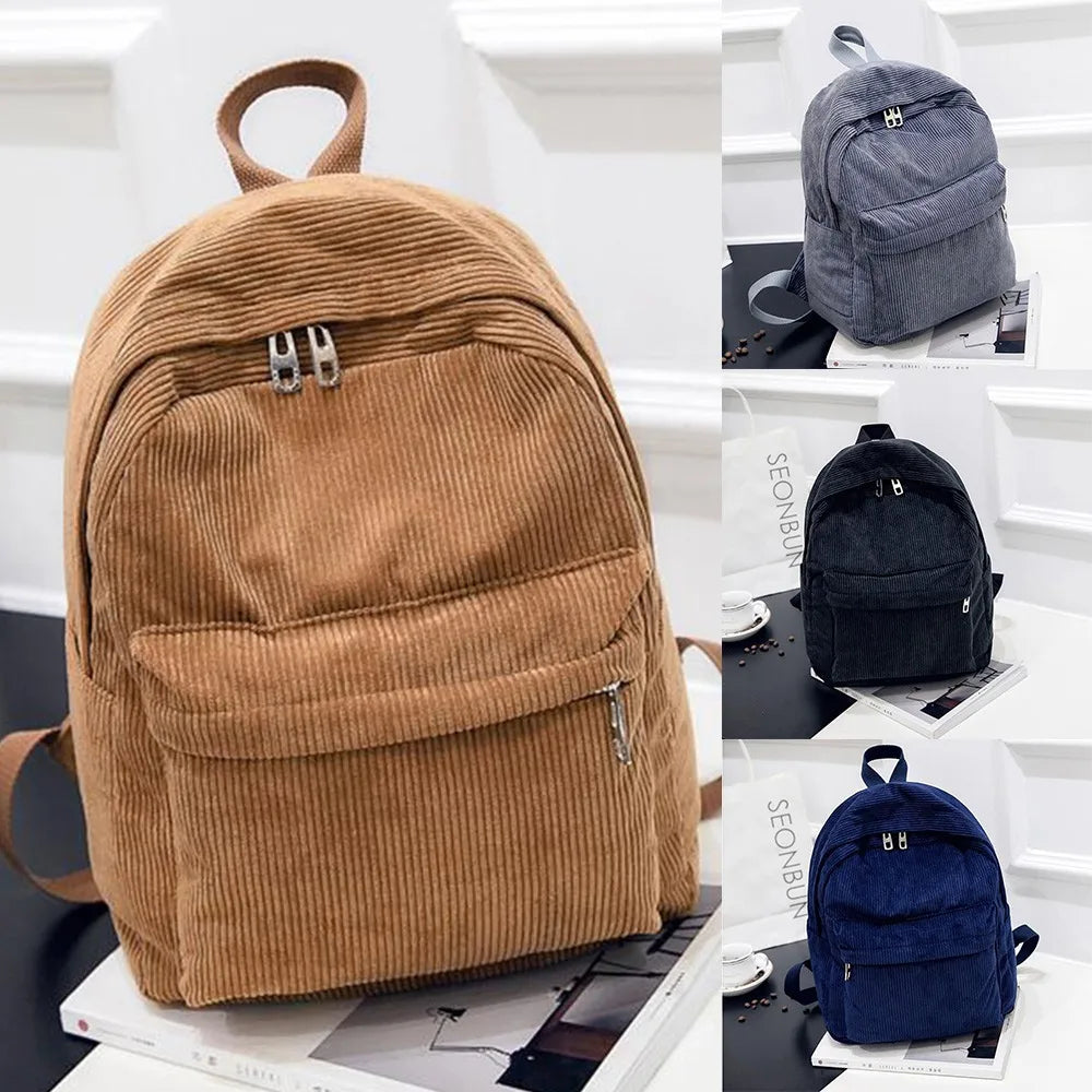 MARKROYAL Women Blue Corduroy Fabric Double Metal Zippers Shoulder Straps-Handle Polyester Lining Laptop Compartment External Pockets School Backpacks/Internal Pockets /Key Chain Holder/Colors-Blue/Brown/Black/Gray