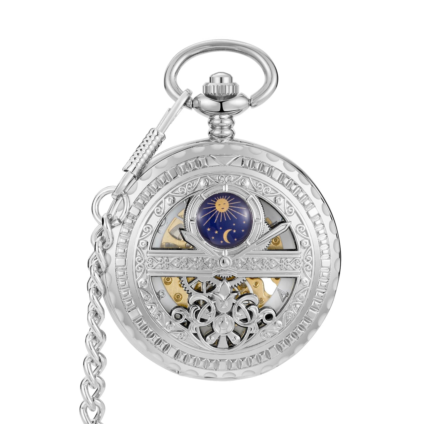 GORBEN Adults Mechanical Hand-Winding Glass Face Black-Sliver-Gold Round Stainless Steel Metal Case Analog Display Hollow-Out Skeleton Dial Blue Night Sky-Half Moon-Stars-Sun Design Analog Display Chain-Pocket Watches/With Box-Without Box
