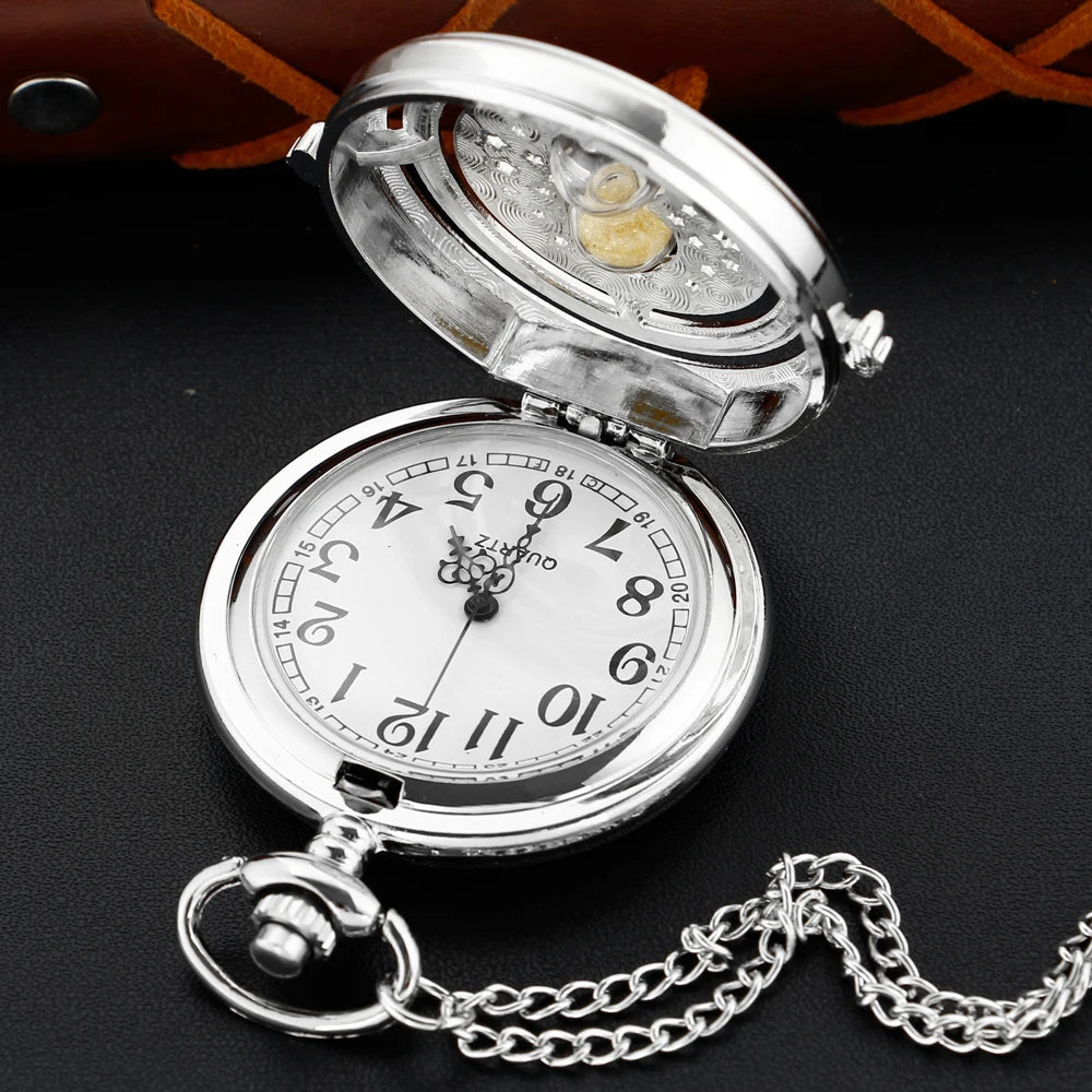 SHUHANG Adults Quartz Movement Exquisite Digital-Analog Display Flip-Out Acrylic Face Silver Stainless Steel Metal Round On Front Stars-Small Hourglass-On Back Floral Design Chain-Pocket Watches