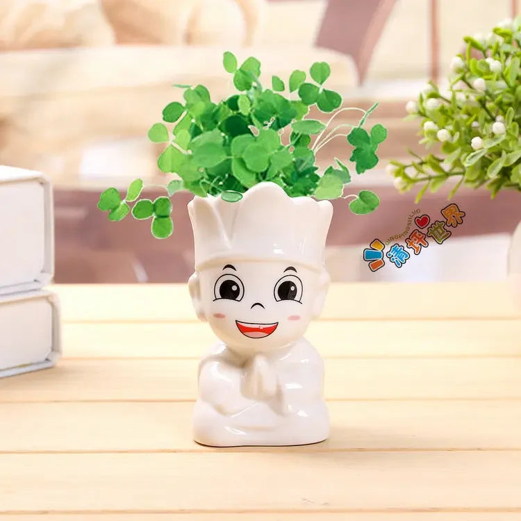 No-EN-Name-Null Indoor Mini Unglazed Ceramic White Cute Cartoon Doll Face Design Desktop Succulent Flower Pots Planters /Colors-White/Black/Yellow/Pink/Green