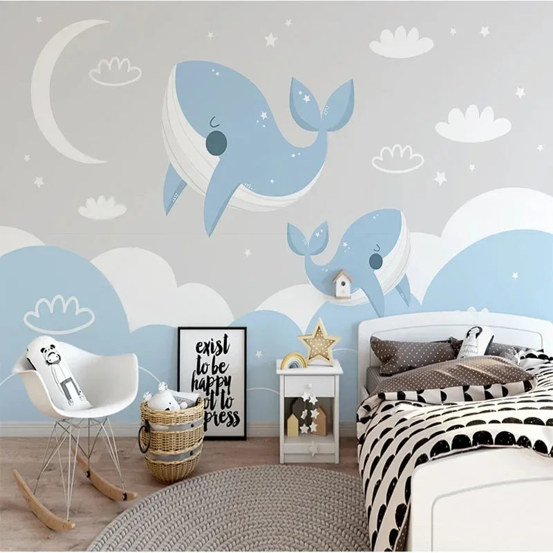 JIADOU Modern Kids Customized Waterproof Hand-Painted Mural White Half Moon-White Clouds-Blue Starry Night Sky-Two Blue-White Whales-Swimming In The Ocean Design Wallpaper/Requires Paste