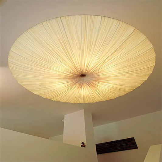 Round Beige Wabi Sabi Fabric Shade LED Ceiling Light Iron Fixtures