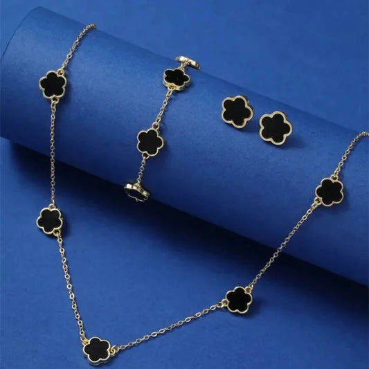 3PCS Set Imitation Zinc Alloy Lucky Five-Leaf Clover Jewelry Sets/Necklace-Bracelet-Earrings/Colors-Floral/Gold/Black/White/Silver