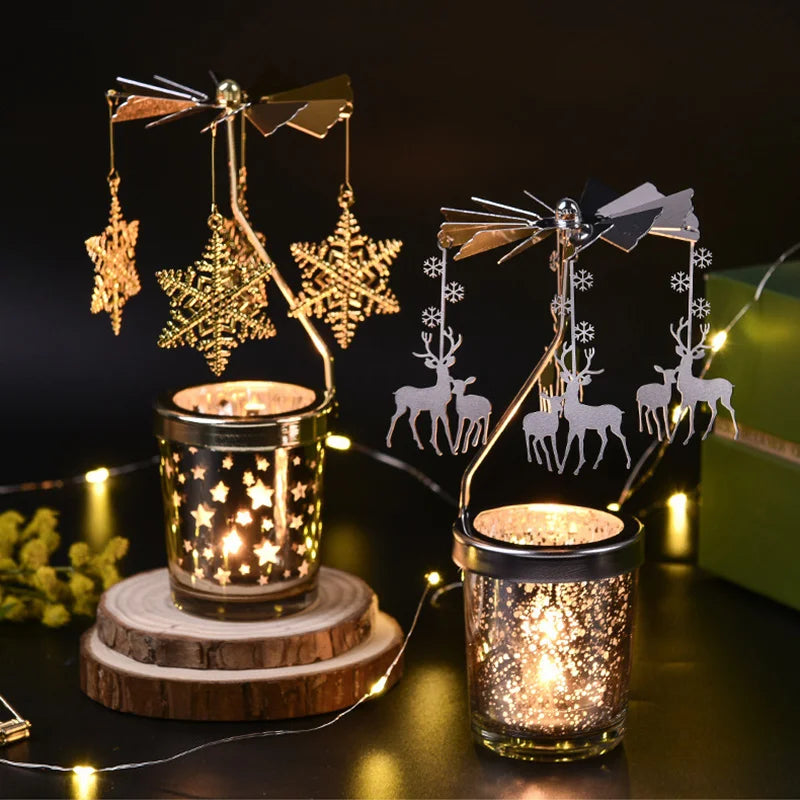 3 PCS Set Modern Gold Colored Stainless Steel Rotating Carousel Small Tealight Candle Holder