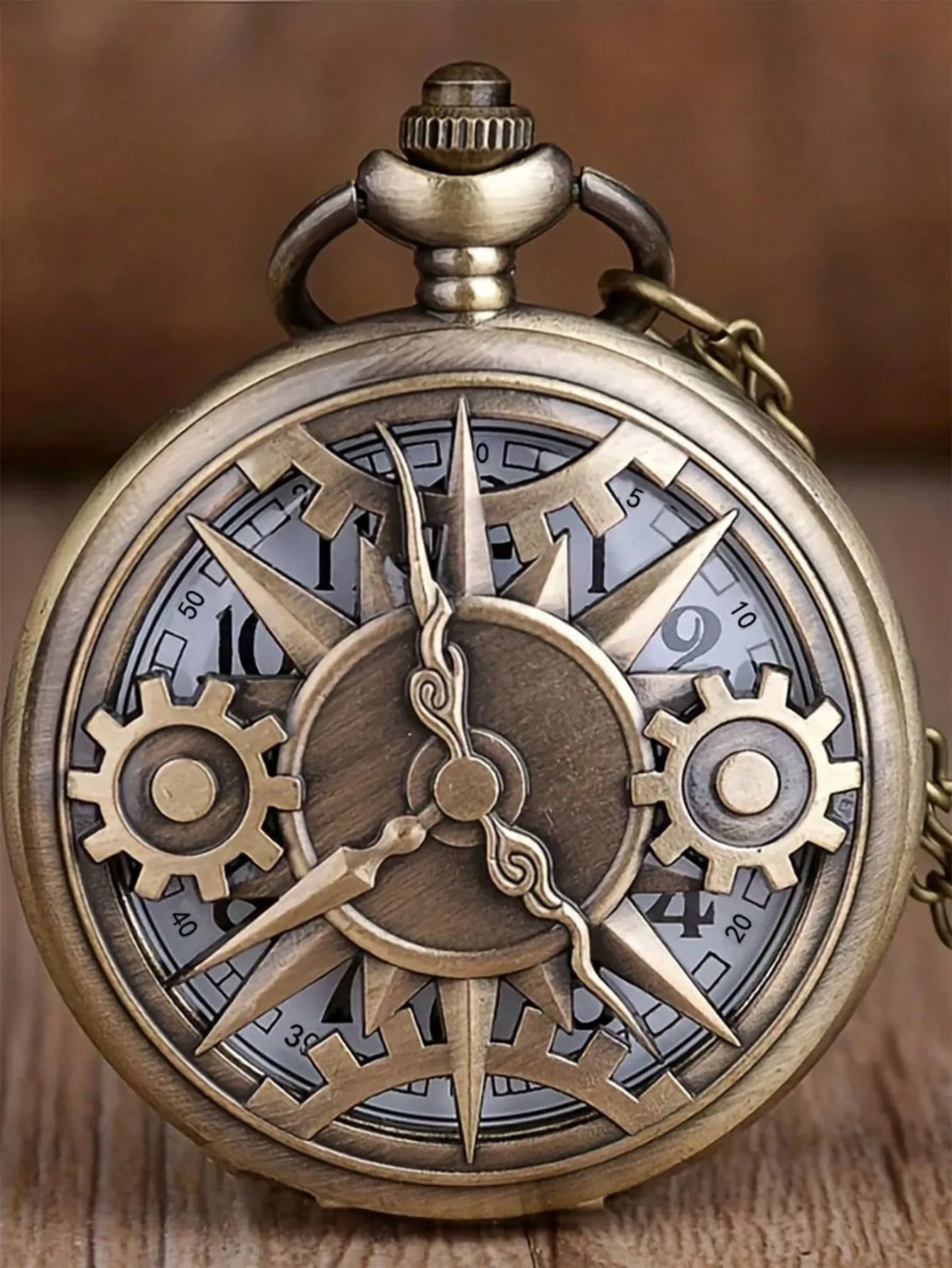 RUNERR Adults Antique Quartz Digital Display Glass Face Round Shaped Bronze Metal Alloy Case Steampunk Front Hallow-Out Gear Movement Design Pendant Chain-Pocket Watches