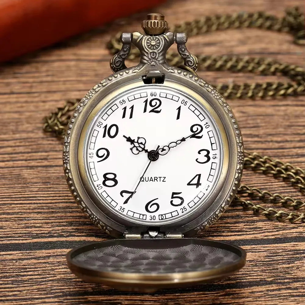 No-EN-Name-Null Adults Men Antique Quartz Analog Display Glass Face Round Shaped Metal Alloy Case Bronze Engraved 18 Wheeler Trucker Steampunk Bronze Chain-Pocket Watches