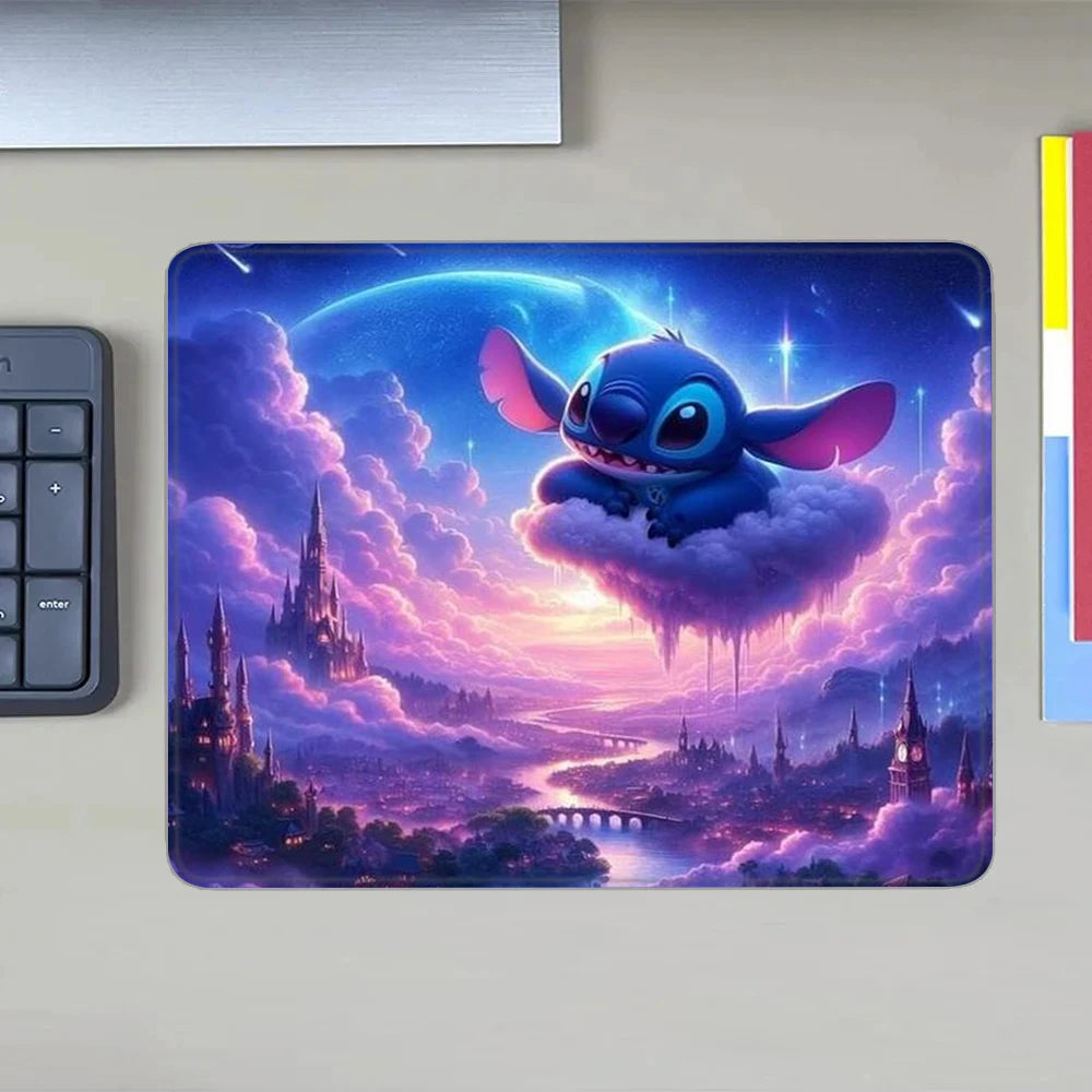 MINISO HD Printed Non-Toxic Small Blue-Multicolor Rectangle Thermal Transfer Anime Cartoon Stitch-Lilo In Space-Planets-Stars Themes Soft Non-Slip Natural Rubber Bottom Sealing Edges Computer Gaming Mouse Pads
