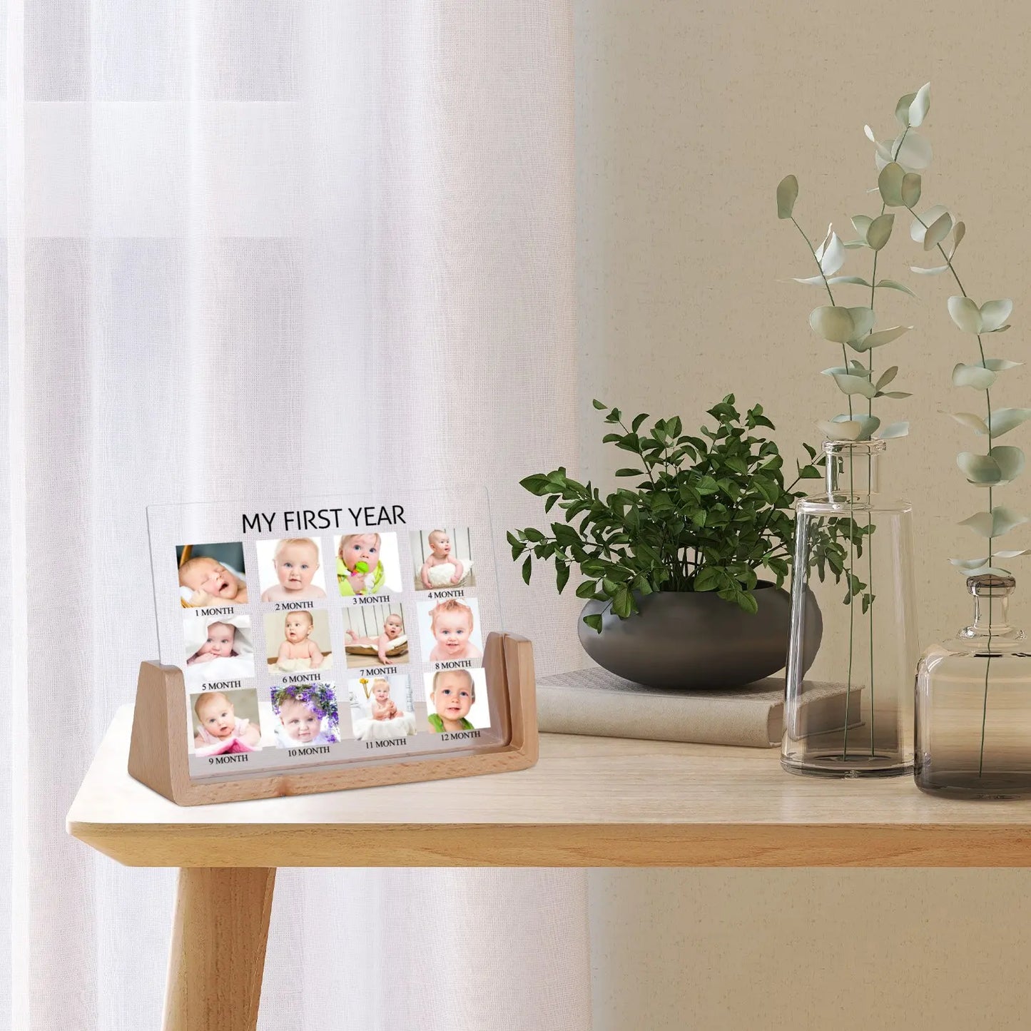 Rectangle Beech-Walnut Wood Trim Acrylic Plate Personalized My First Year Picture Frames/Sizes: S-6 x4 inch-M-7 x 5 inch-L-8 x 6 inch /Colors-Brown/Beige