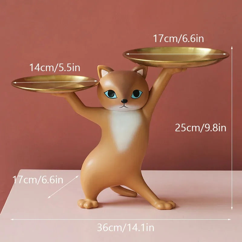 No-EN-Name-Null Modern Front Door Resin White Cat Blue Eyes Holding Two Gold Key Caddy Tray In His-Her Paws Animal Figurines /Colors-Gray/White/Gold/Blue/Brown/Animal/Multicolor