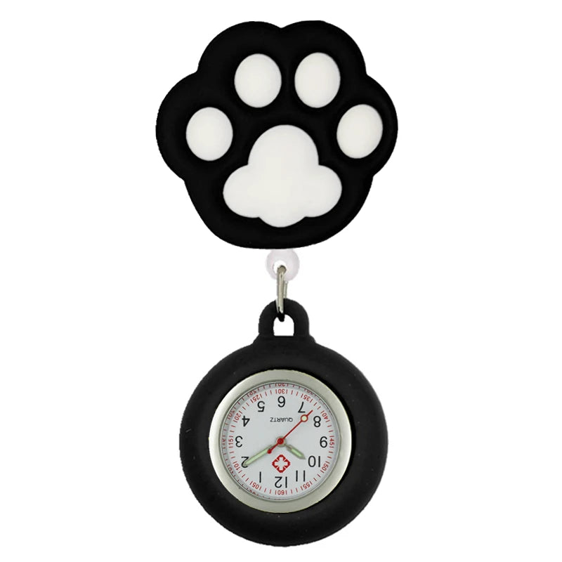 No-EN-Name-Null Adults Waterproof Cartoon Pink Big Cat Paw Metal Alloy Case Arabic Numeral Analog Display Clip-On Nurses-Doctors Fob Hanging Pocket Watches/Colors-White-Black Cat Heads/Yellow-Black-Pink Paws
