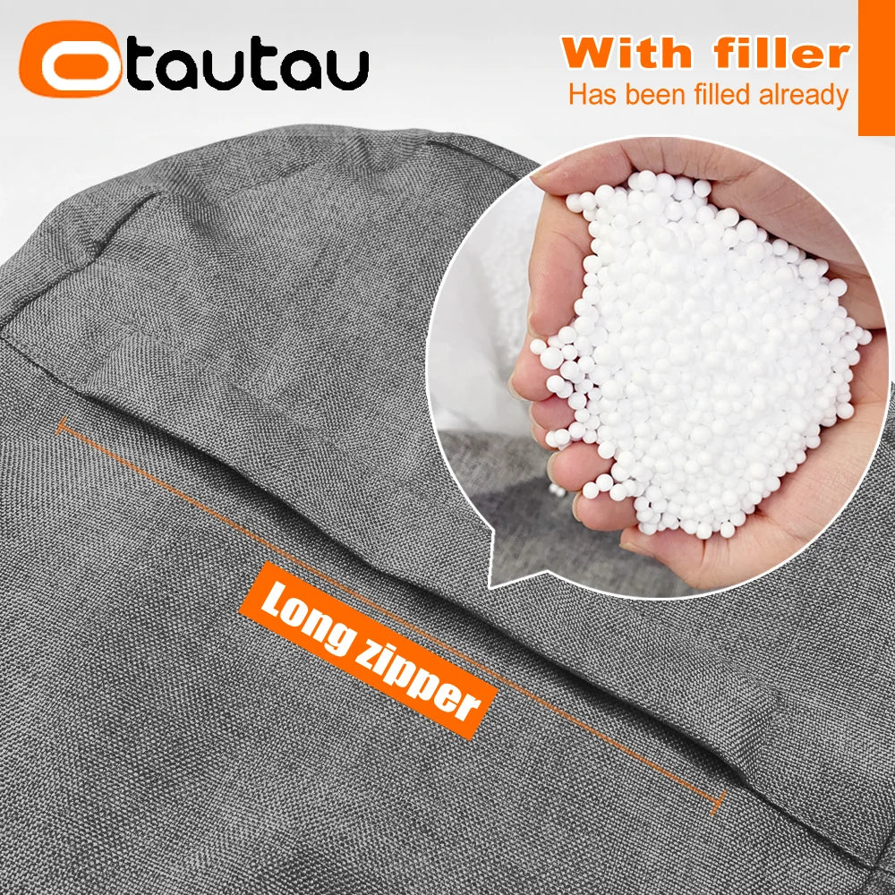 OTAUTAU One Person Small Gray Round Removable Cover Cotton-Linen Bean Bag Pouf Long Zipper Footstool Ottomans/ With Bean Bag Filling/Colors-Gray/Blue/Red/Orange/Pink/Yellow/Beige/White/Multicolor/Machine Washable-Dryer Safe