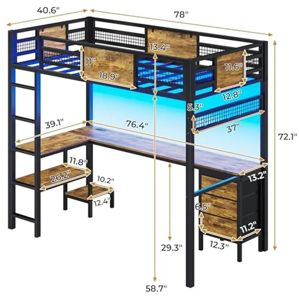DUTRIEUX Polished Black Iron Mesh Metal Frame Twin Size Bunk Beds/Attached To L-Shaped Desk With RGB-LED Lights/ Charging Station/ Fabric Drawers/Shelves/ 400lbs Capacity/ Full-Length Raised Guardrails