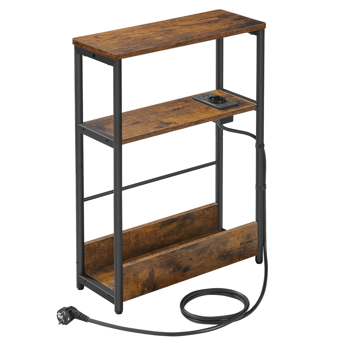 VASAGLE Rustic Brown-Black Metal Frame Slim Adjustable Height End Tables /Power Strip/2 Cable Ties/ 1 Mounting kit/ 1 Instruction Manual/Colors-Rustic Brown/Ink Black/Ivory/ Dimensions : 18 x 45 x 58 cm (P x L x H)