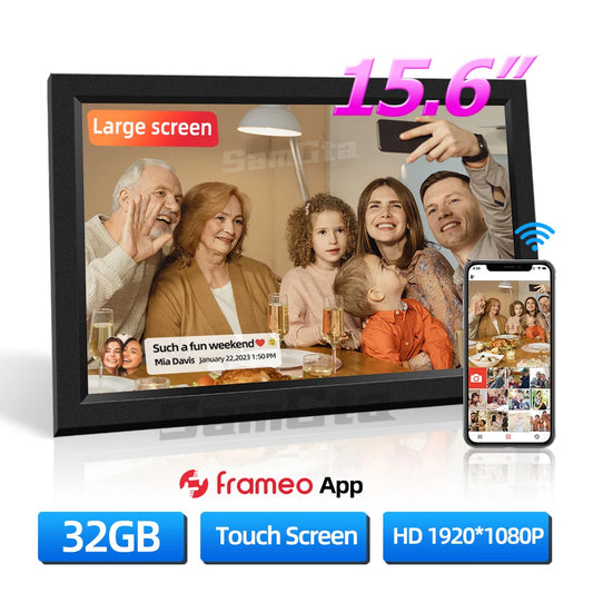 FRAMEO 15.6 Inch Smart IPS Display-Touchscreen Wireless Photo Upload Full HD Flips Back-Forward WIFI-Digital Auto-Rotate Picture Frames/32GB Built-In Memory Storage/ SD-Card Extension Only/ No SD Card/Image Format-JPEG/Colors-Black/White