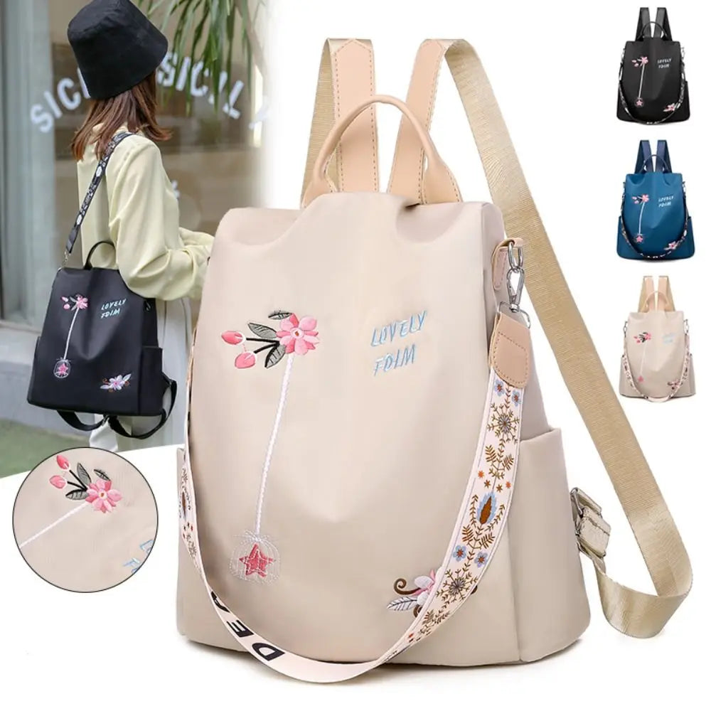 Women Modern Double Zippers Exterior Pockets Waterproof Black Oxford Fabric Floral Embroidered Flowers Design Polyester Lining Two Adjustable Straps-Two Handle Travel Backpacks/Single Compartment/Colors-Black/Pink/Blue